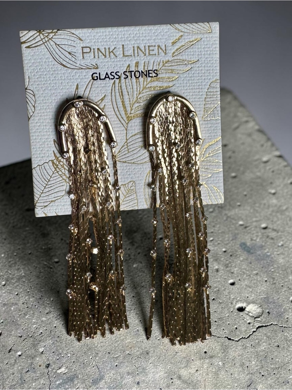 Pink Linen Gold Glass-Stone Tassel Drop Earrings NEW